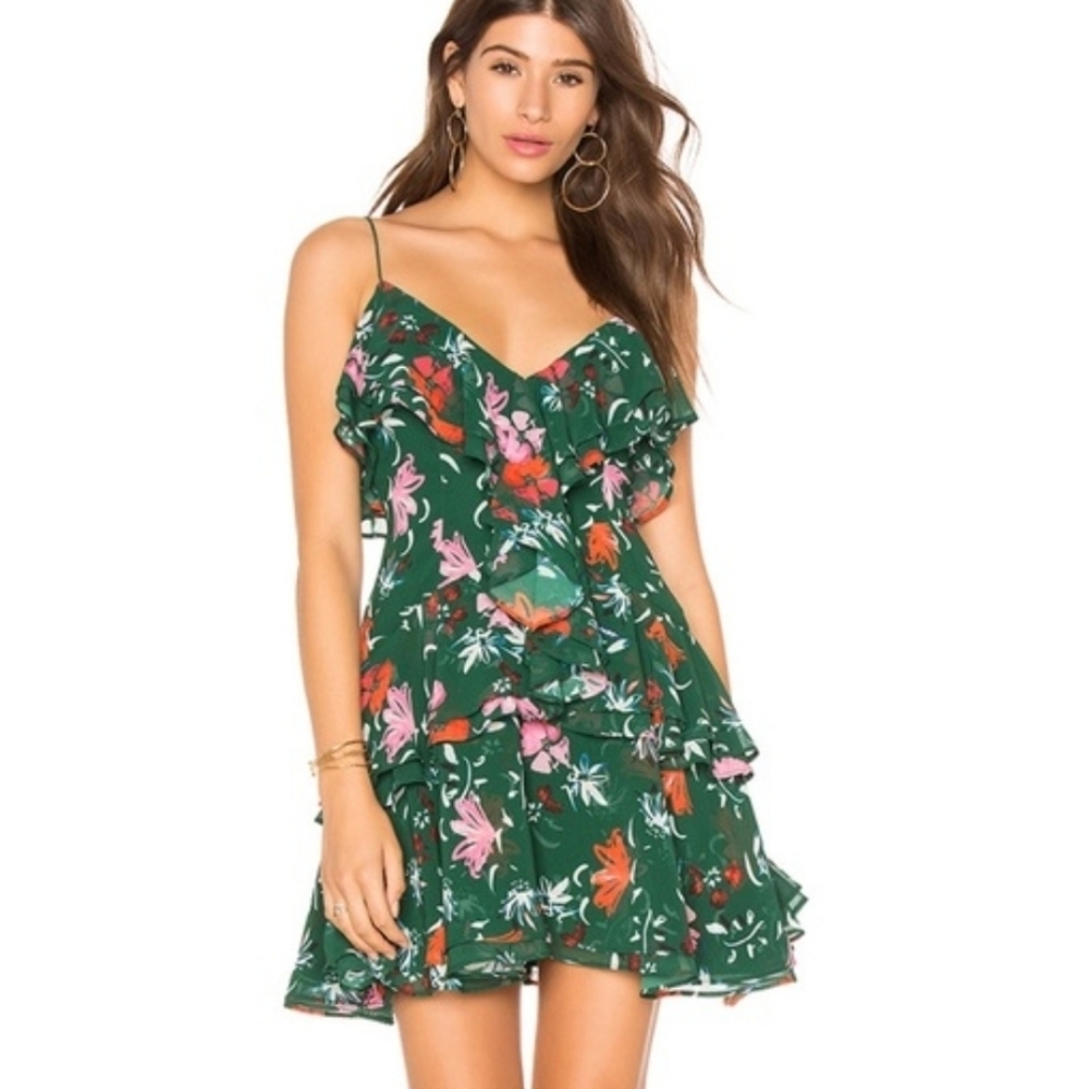 C/MEO Collective Elude Ruffle Mini Dress In Emerald Green Floral Size Small